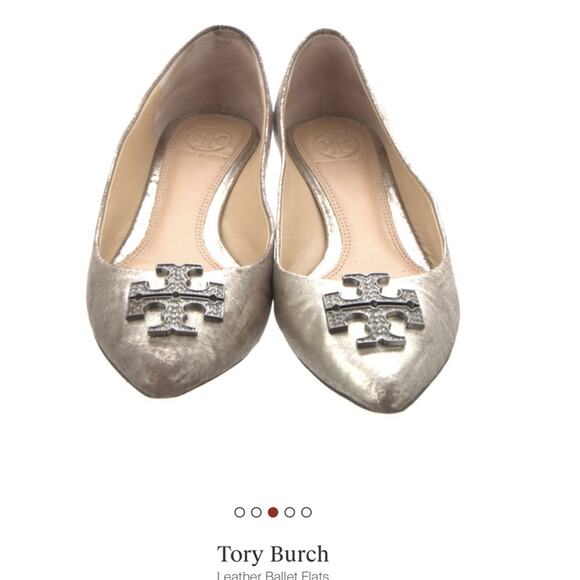Tory Burch Silver Metallic Leather Ballet Flats Pointed Toe Size 8M - Picture 2 of 9